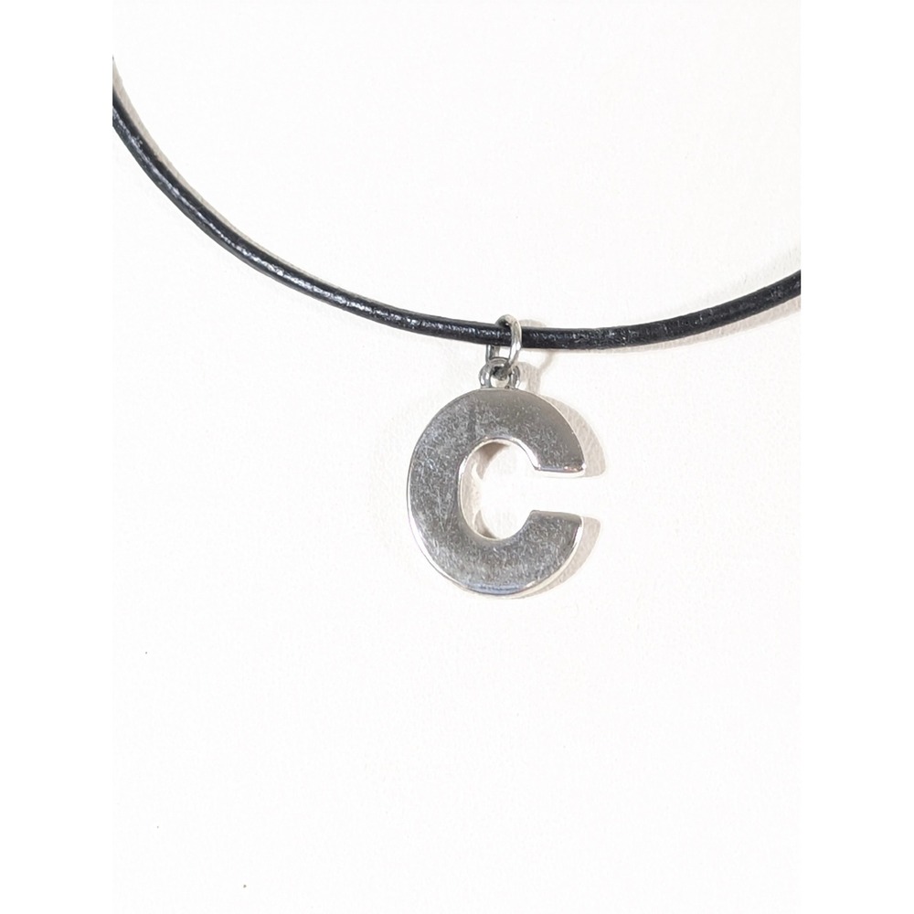 Nine West Silver Tone Initial C Pendant Black Cord Necklace 18" Minimalist